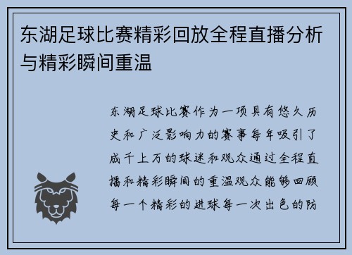 东湖足球比赛精彩回放全程直播分析与精彩瞬间重温